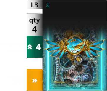 Image depiction of a Dreemerge Level 3 Blue Butterfly card that has
        4 cards available and can be merged to a Level 4 via green tab or optionally Minted via the yellow tab